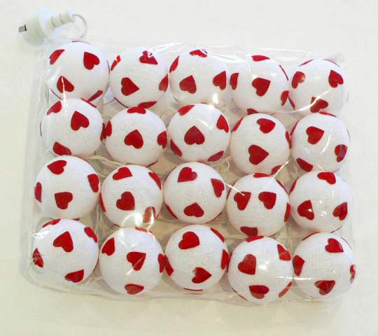 White Balls with Red Love Hearts - Fairy Light String